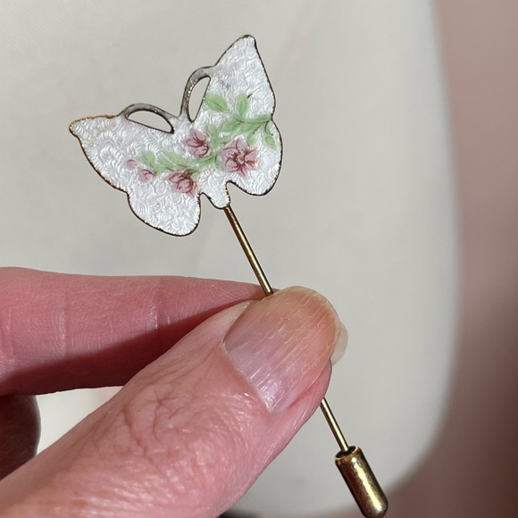 Vintage White floral Guillouche enamel Butterfly feminine Gold stick pin - Picture 5 of 13